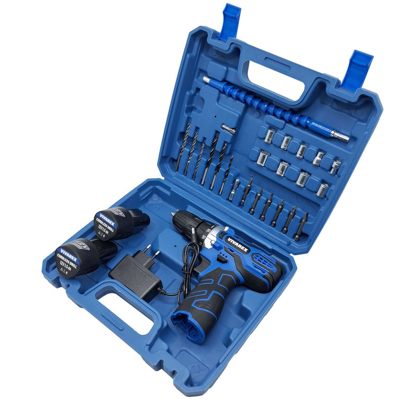 دریل پیچ گوشتی شارژی صنعتی 10 میلی متری 12 ولت ویوارکس مدل VR12V_ 2V کد 02 مجموعه 29 عددی