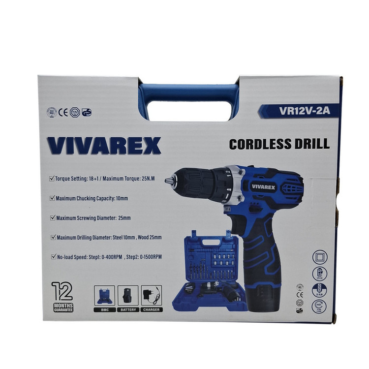 دریل پیچ گوشتی شارژی صنعتی 10 میلی متری 12 ولت ویوارکس مدل VR12V_ 2V کد 02 مجموعه 29 عددی