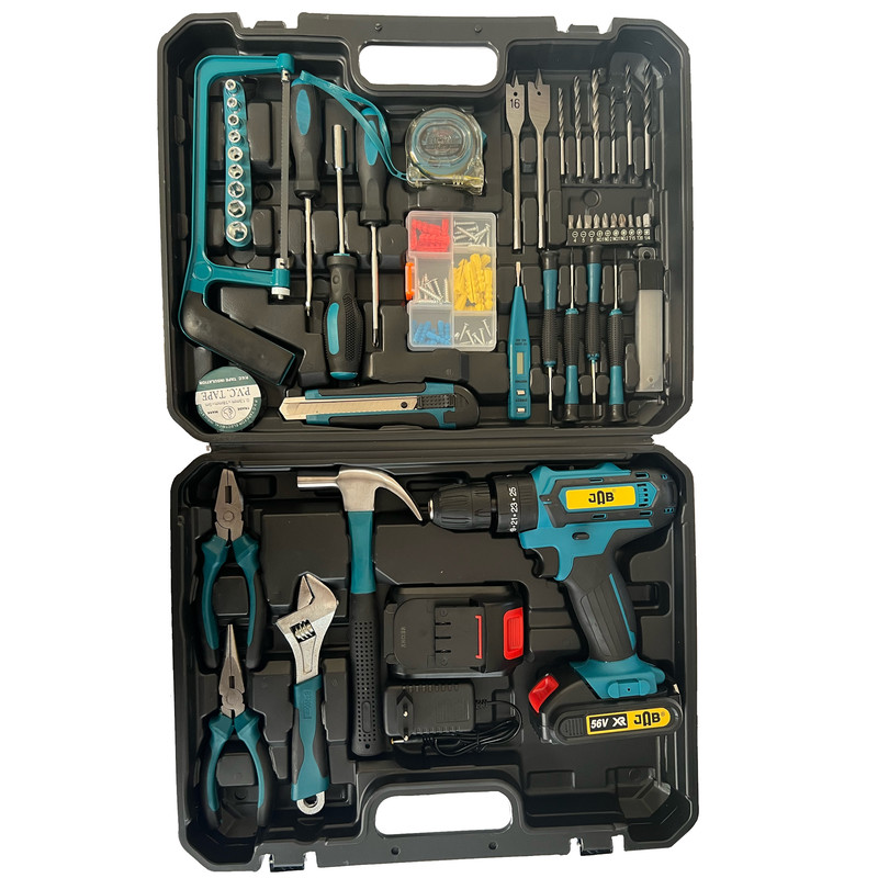 دریل پیچ گوشتی چکشی شارژی 10 میلی متری 212 ولت جاب مدل JB-212 industril مجموعه 199 عددی