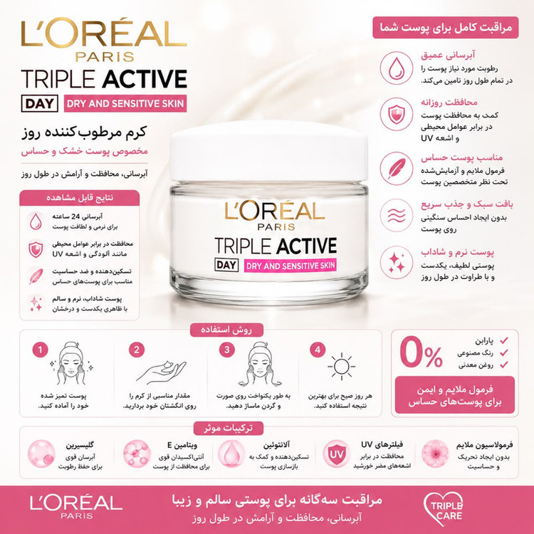 کرم ضد چروک روز لورآل مدل Triple Active Dry Sensitive مناسب برای پوست خشک حجم 50 میلی لیتر
