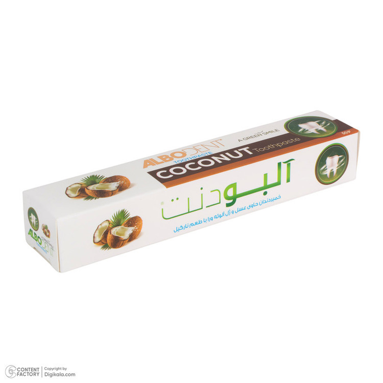 خمیر دندان ضد عفونی کننده دهان آلبودنت مدل Coconut با طعم نارگیل مناسب برای همه دندانها وزن 50 گرم