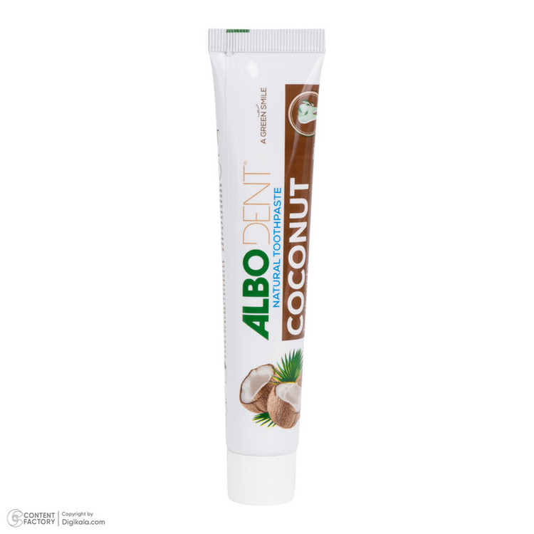 خمیر دندان ضد عفونی کننده دهان آلبودنت مدل Coconut با طعم نارگیل مناسب برای همه دندانها وزن 50 گرم