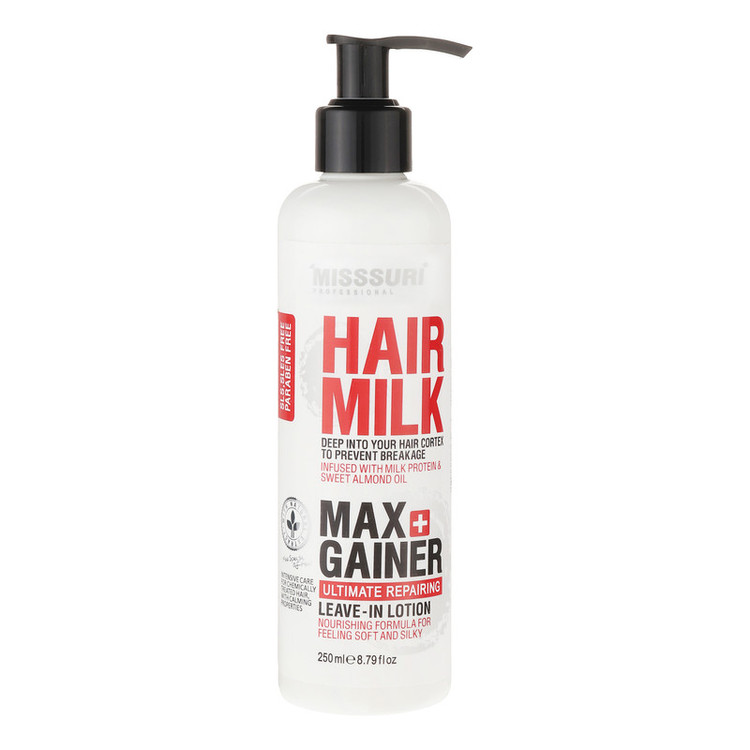 لوسیون شیر مو میسوری مدل Max Gainer مناسب برای مو رنگ شده و آسیب دیده حجم 250 میلیلیتر