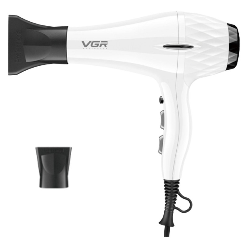 سشوار حرفه‌ای 2200 وات وی جی ار مدل V-413، موتور AC، وزن 802 گرم، المنت سرامیک تورمالین، دارای سری متمرکز‌کننده باریک، متمرکز‌کننده پهن با ویژگی صاف‌کنندگی، حجم‌دهندگی، با قابلیت باد سرد