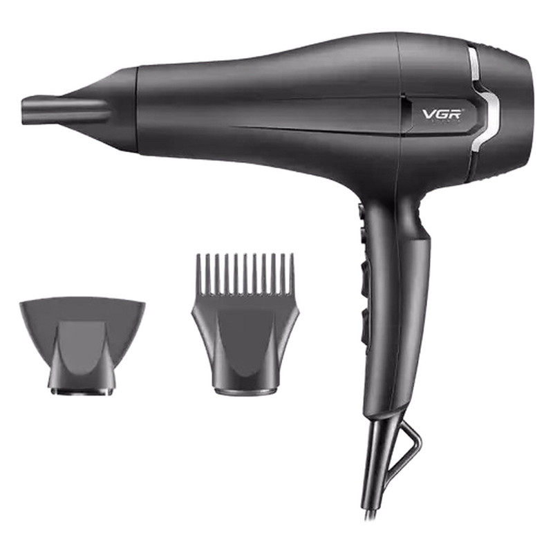 سشوار حرفه‌ای 2400 وات وی جی ار مدل V-450، موتور AC، وزن 950 گرم، دارای سری متمرکز‌کننده باریک، سری شانه‌دار با ویژگی صاف‌کنندگی، حجم‌دهندگی، با قابلیت باد سرد