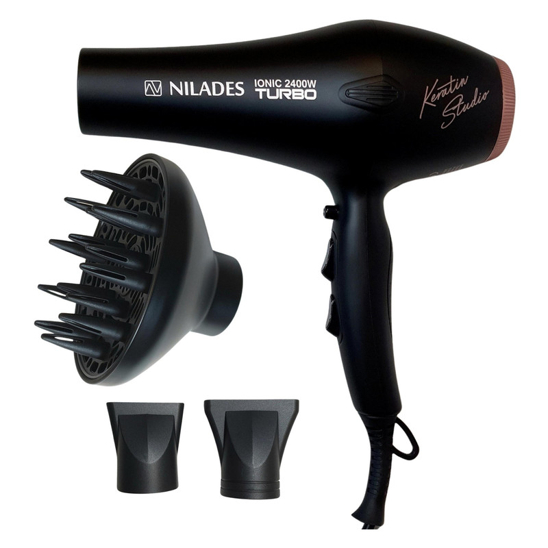 سشوار حرفه‌ای 2400 وات نیلادس مدل Keratin Studio، موتور AC، وزن 550 گرم، المنت سرامیک تورمالین، دارای سری دیسپانسر، متمرکز‌کننده باریک، متمرکز‌کننده پهن با ویژگی فرکنندگی، صاف‌کنندگی، حجم‌دهندگی، با قابلیت باد سرد، فناوری تولید یون، دسته ارگونومیک