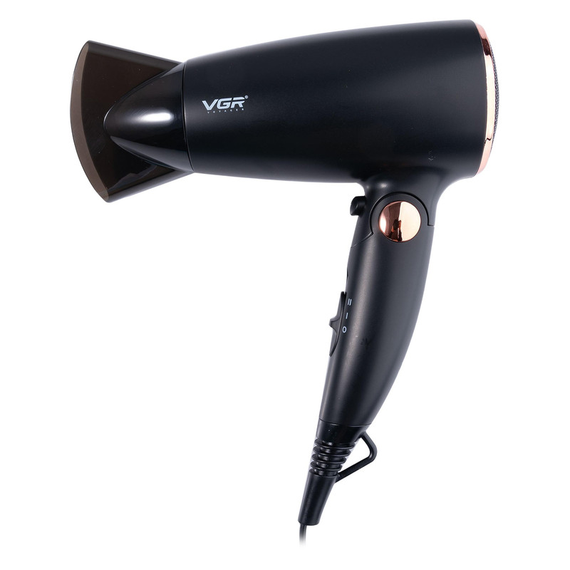 سشوار مسافرتی 1600 وات وی جی ار مدل V-439، موتور DC، وزن 300 گرم، المنت فلز، دارای سری متمرکز‌کننده باریک با ویژگی حجم‌دهندگی، با قابلیت باد سرد