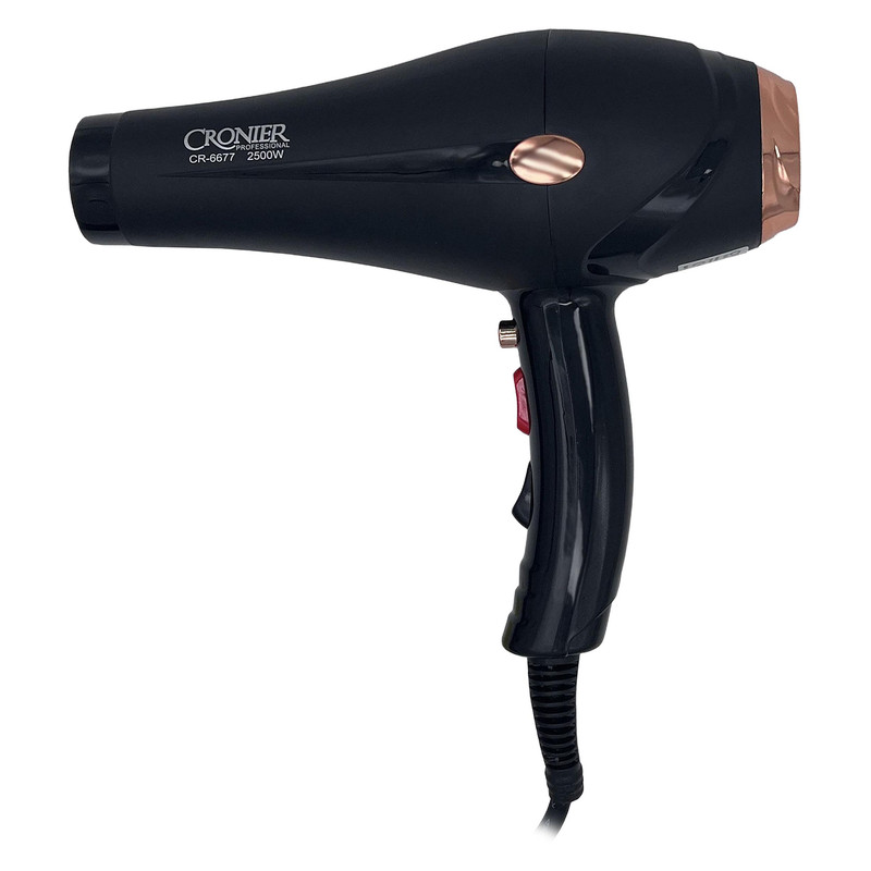 سشوار خانگی 2500 وات کرونر مدل CR-6677، موتور AC، وزن 540 گرم، دارای سری متمرکز‌کننده باریک، متمرکز‌کننده پهن با ویژگی صاف‌کنندگی، حجم‌دهندگی، با قابلیت فناوری تولید یون