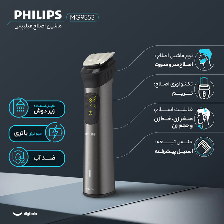 ماشین اصلاح موی سر و صورت فیلیپس مدل MG9553 با 45 تیغه، باتری 1200mAh، شارژ سریع USB، طراحی ارگونومیک، ضدآب برای استفاده زیر دوش و شانه قابل تنظیم دستی