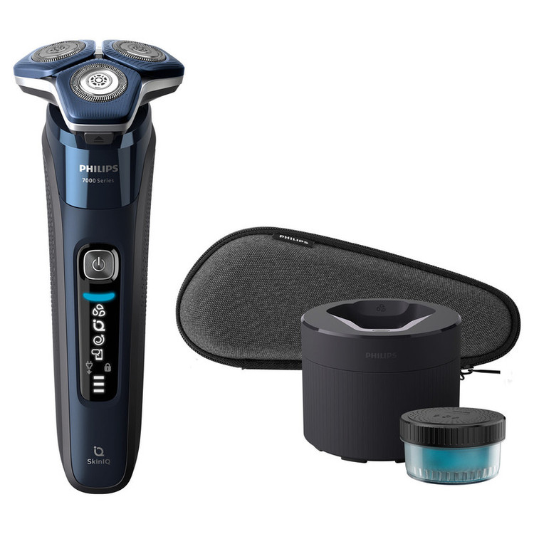 ماشین اصلاح موی صورت فیلیپس مدل S7885 با تیغه چرخشی 360 درجه استیل پیشرفته، قابلیت استفاده خشک و مرطوب، تکنولوژی Skin IQ و Power Adapt برای تنظیم خودکار سرعت، شارژ سریع 5 دقیقهای و ضدآب بودن با امکان استفاده زیر دوش