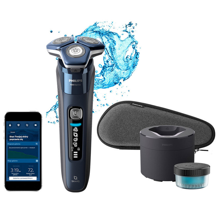 ماشین اصلاح موی صورت فیلیپس مدل S7885 با تیغه چرخشی 360 درجه استیل پیشرفته، قابلیت استفاده خشک و مرطوب، تکنولوژی Skin IQ و Power Adapt برای تنظیم خودکار سرعت، شارژ سریع 5 دقیقهای و ضدآب بودن با امکان استفاده زیر دوش