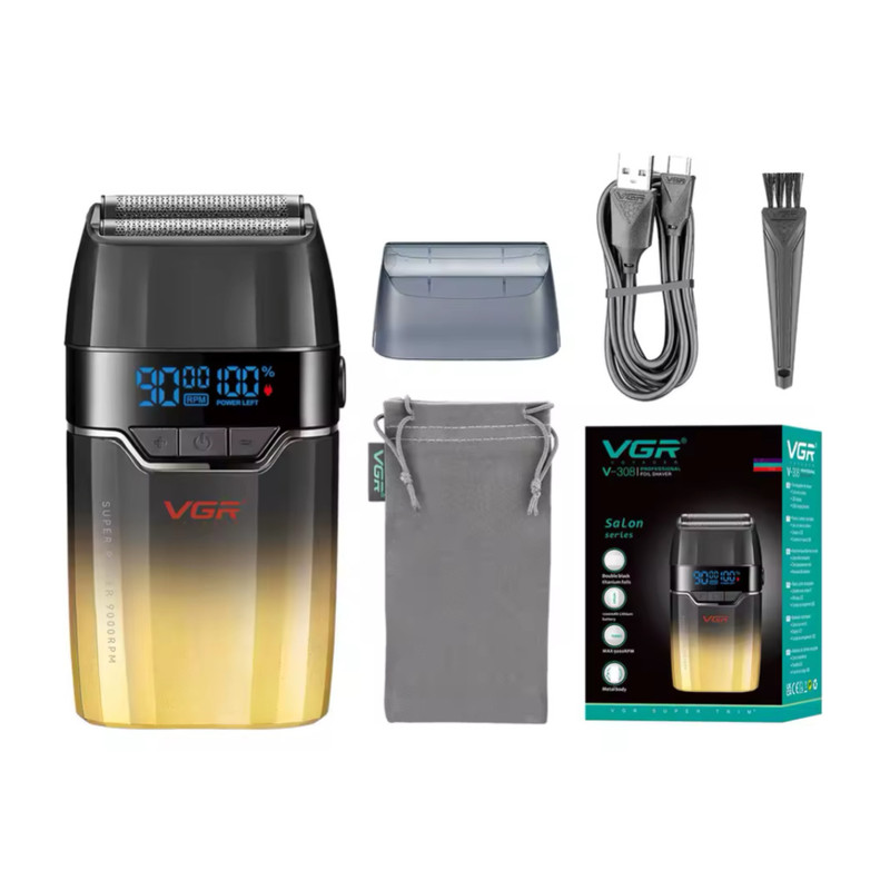 ماشین اصلاح موی صورت وی جی ار مدل V-308 با تیغه تیتانیوم پیشرفته، باتری لیتیوم یونی 1200 میلی‌آمپرساعتی، قابلیت اصلاح خشک و مرطوب، نمایشگر وضعیت باتری و طراحی ارگونومیک مقاوم در برابر ضربه