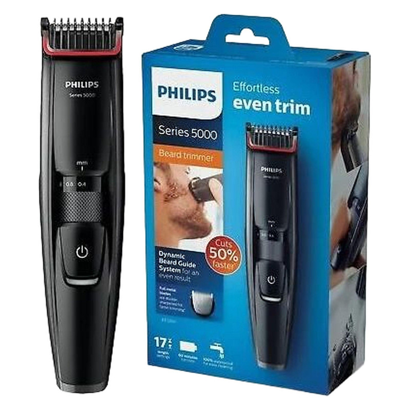 ماشین اصلاح موی صورت فیلیپس مدل BT5200/16 با تیغه‌های استیل ضدزنگ خود تیزشونده، طول اصلاح 0.4 تا 10 میلی‌متر، قابلیت استفاده با باتری و برق، شارژ USB یک ساعته و ضدآب با طراحی ارگونومیک و شانه قابل تنظیم دستی