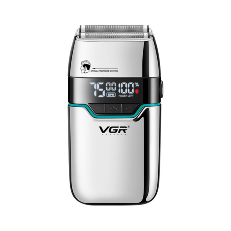 ماشین اصلاح موی صورت شارژی وی جی ار مدل V-350 با تیغه تیتانیوم، اصلاح صفر میلیمتر، باتری لیتیومی 1200 میلیآمپر، نمایشگر LED و قابلیت استفاده خشک و مرطوب