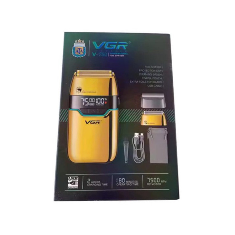 ماشین اصلاح موی صورت شارژی وی جی ار مدل V-350 با تیغه تیتانیوم، اصلاح صفر میلیمتر، باتری لیتیومی 1200 میلیآمپر، نمایشگر LED و قابلیت استفاده خشک و مرطوب