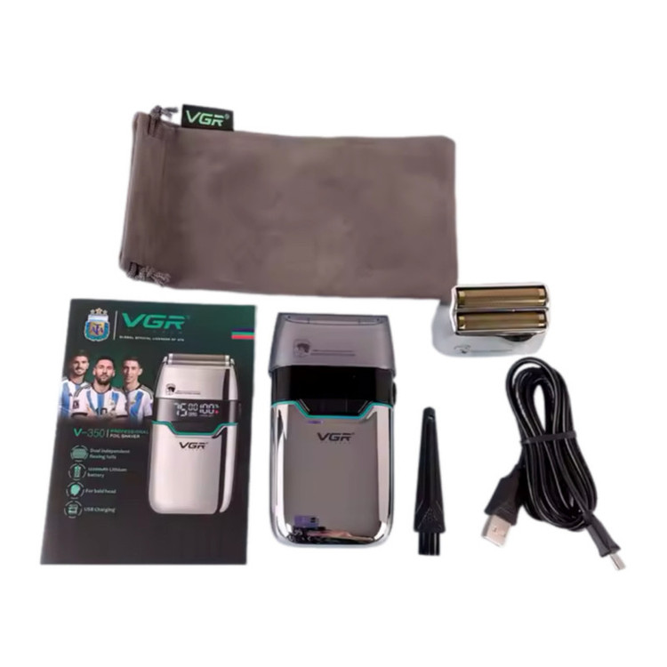 ماشین اصلاح موی صورت شارژی وی جی ار مدل V-350 با تیغه تیتانیوم، اصلاح صفر میلیمتر، باتری لیتیومی 1200 میلیآمپر، نمایشگر LED و قابلیت استفاده خشک و مرطوب