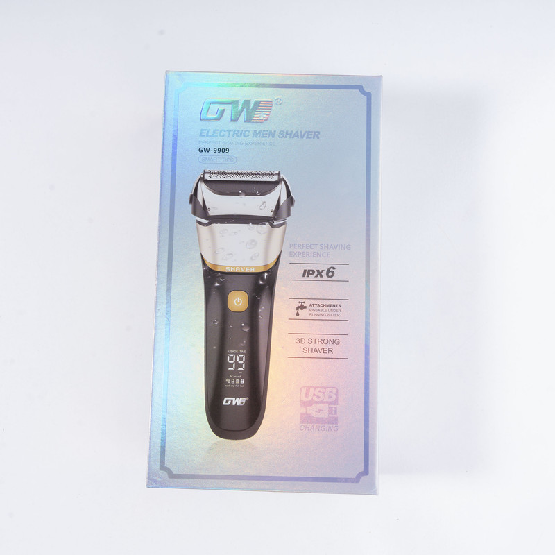 ماشین اصلاح موی صورت جی دبلیو مدل GW-9909، اصلاح به صورت صفر زن، نمایشگر وضعیت باتری، ضد آب، منبع انرژی با کابل USB، تکنولوژی اصلاح به صورت شیو فویلی، مدت زمان شارژ 120 دقیقه و مدت زمان استفاده پس از شارژ 80 دقیقه، به‌همراه کابل شارژ USB، محافظ، برس