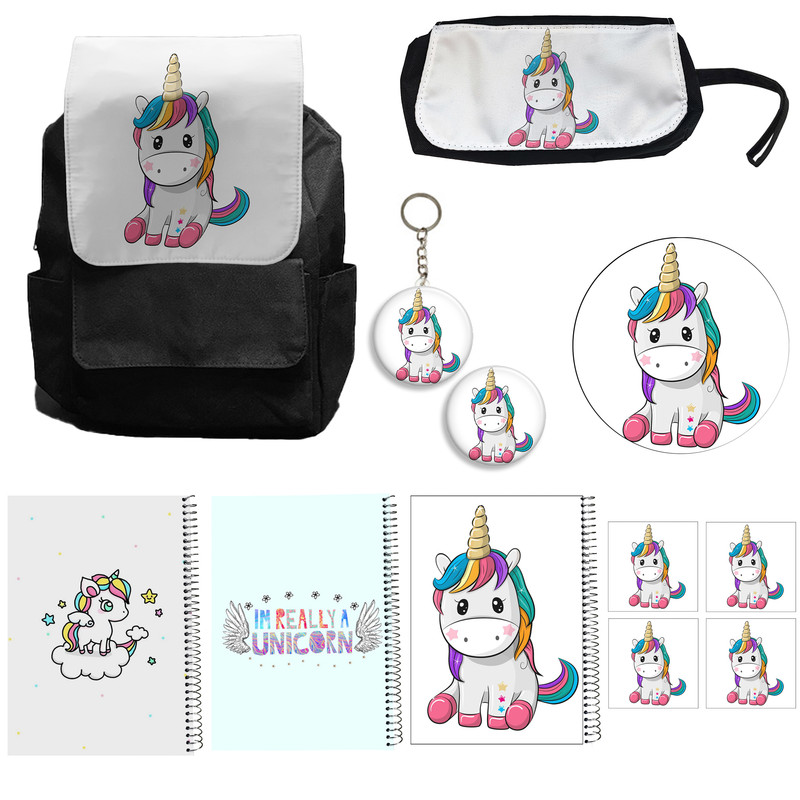 کوله پشتی مدل مدل یونیکورن تک شاخ کد A16 Unicorn به همراه دفتر مشق و جامدادی و زیر لیوانی و جاکلیدی مجموعه 12 عددی