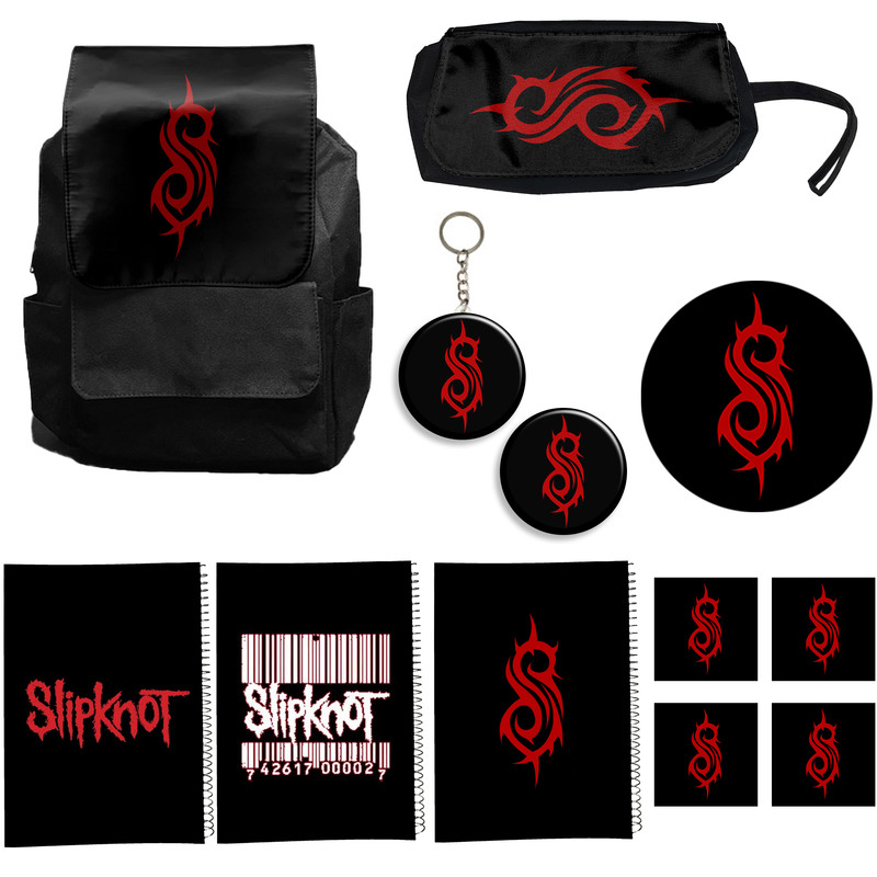 کوله پشتی طرح slipknot کد A2 به همراه دفتر مشق و جامدادی و زیر لیوانی و جاکلیدی مجموعه 12 عددی