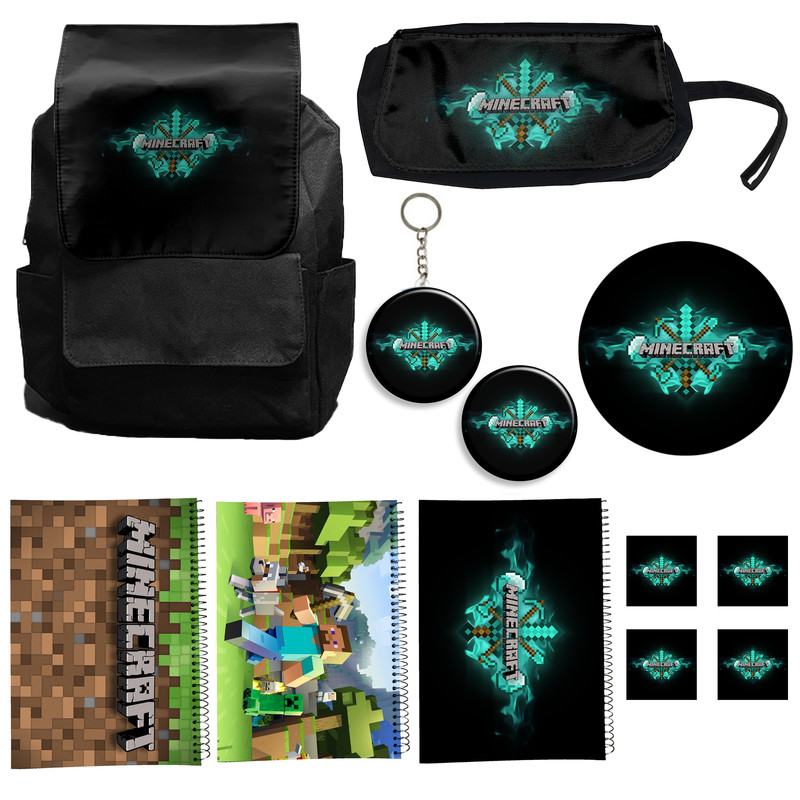 کوله پشتی مدل ماینکرفت کد Minecraft A2 به همراه دفتر مشق و جامدادی و زیر لیوانی و جاکلیدی مجموعه 12 عددی