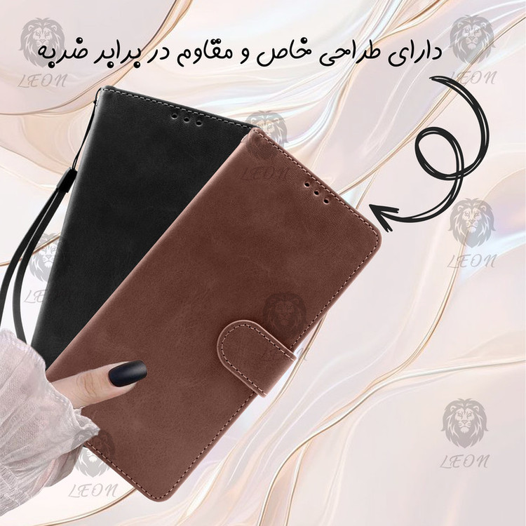 کیف کلاسوری لئون مدل Gray مناسب برای گوشی موبایل سامسونگ Galaxy A50 به همراه بند آویز