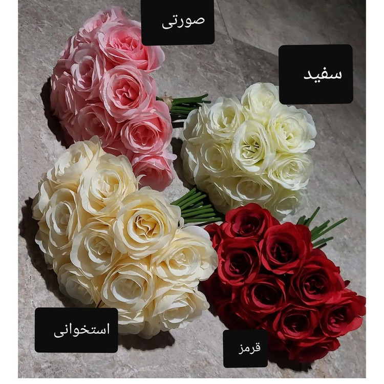 گل مصنوعی رز هلندی، 12 گل درشت، مدل PALIZ_1060، مناسب گلدان متوسط، شاخهای جداشونده، پارچه قابل شستشو، ابعاد 26×25×35 سانتیمتر، وزن 400 گرم