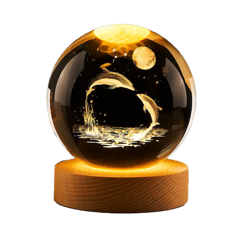 چراغ خواب مدل گوی کریستال 3D طرح دلفین و ماه عاشقانه کد 06