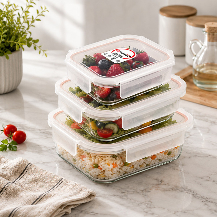 ظرف نگهدارنده با بدنه شیشه ای پرفکت هوم مدل P5400-R مناسب برای قرار دادن در یخچال و فریزر مجموعه 3 عددی بدون جعبه کادویی
