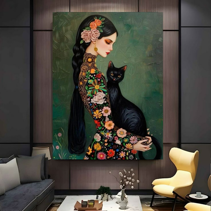 پوستر پارچه ای طرح مخمل نقاشی بانوی ژاپنی مدل گربه کد FP106267