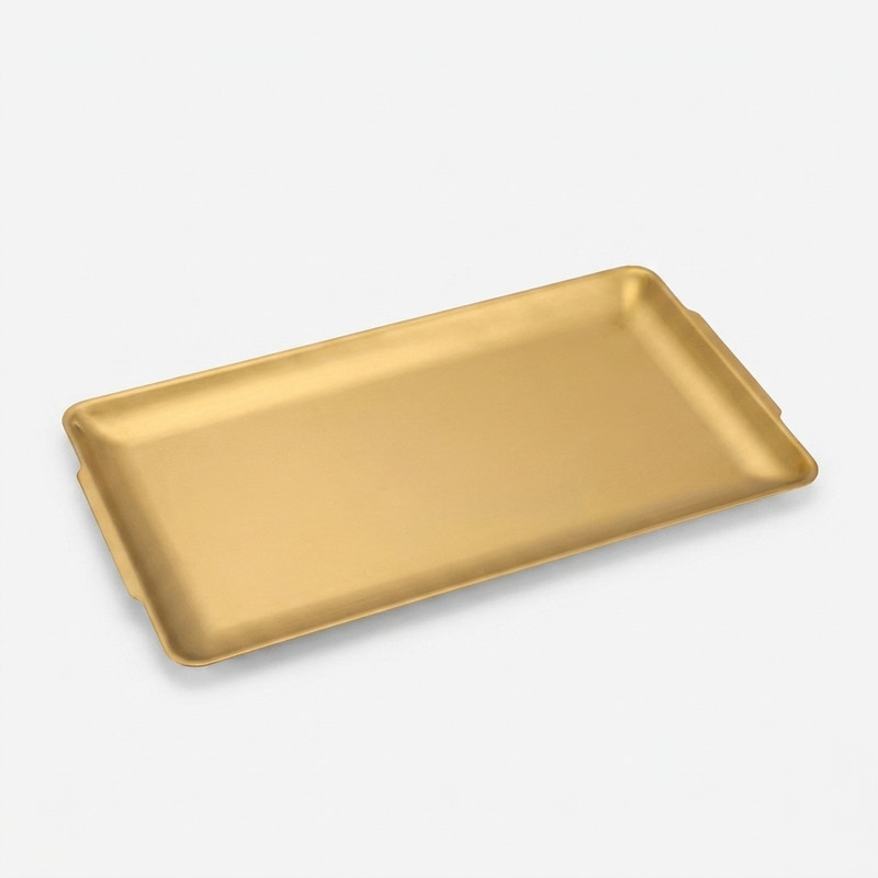 سینی سرو استیل مستطیل 2 دسته کوچک کد 3216، ابعاد 32×16، گنجایش 6 فنجان چای، مناسب سرو دسر و شیرینی و فینگرفود، شستشو با دست