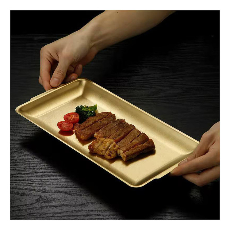 سینی سرو استیل مستطیل 2 دسته کوچک کد 3216، ابعاد 32×16، گنجایش 6 فنجان چای، مناسب سرو دسر و شیرینی و فینگرفود، شستشو با دست