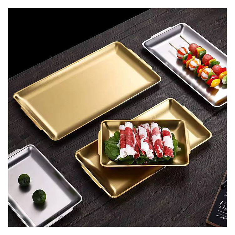 سینی سرو استیل مستطیل 2 دسته کوچک کد 3216، ابعاد 32×16، گنجایش 6 فنجان چای، مناسب سرو دسر و شیرینی و فینگرفود، شستشو با دست