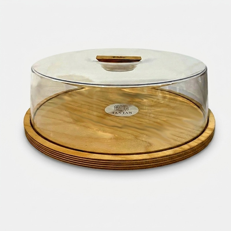 ظرف کیک چوبی تن تن مدل Raika با سینی قطر 32cm و درب طلقی شفاف با دسته چوبی، قابل شست‌وشو با دست