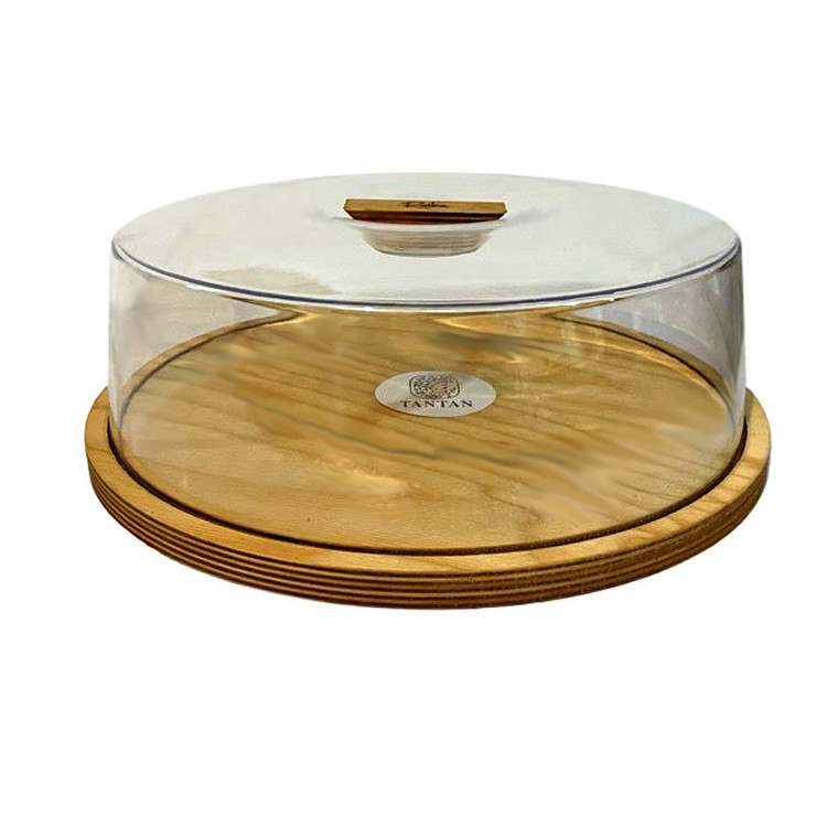 ظرف کیک چوبی تن تن مدل Raika با سینی قطر 32cm و درب طلقی شفاف با دسته چوبی، قابل شستوشو با دست