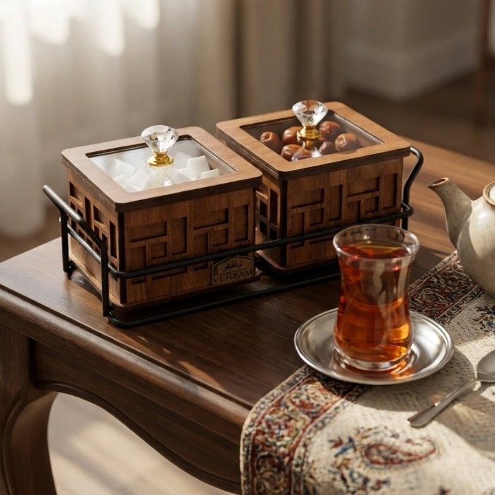 اردوخوری ایلقار مدل مربع 2 خانهای با در پلکسی شفاف و دستگیره کریستالی، روی استند فلزی، ابعاد هر محفظه 9×9 سانتیمتر