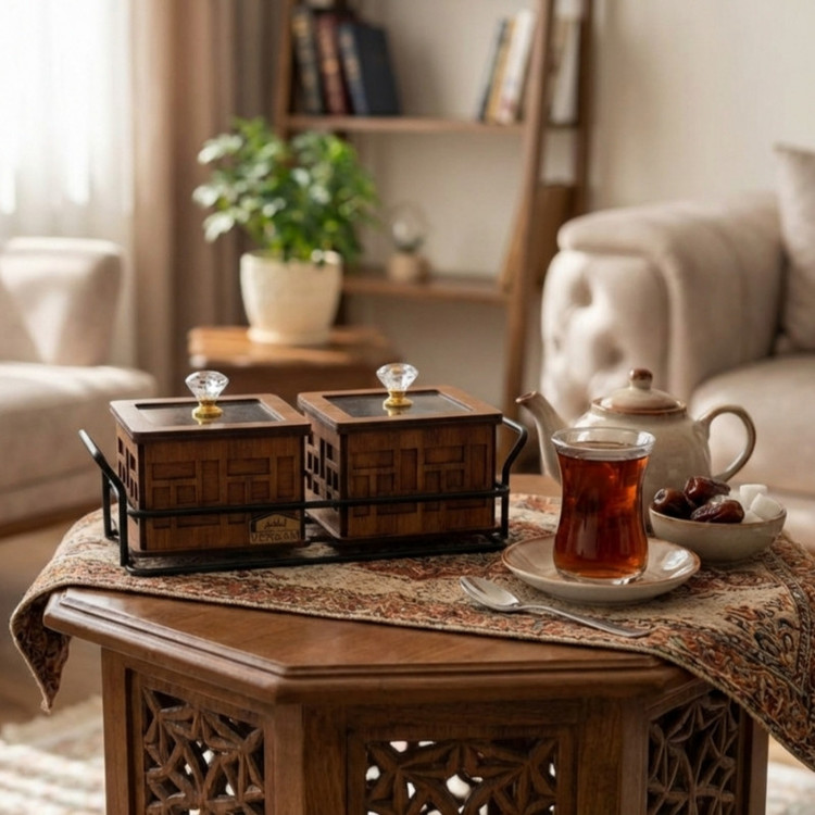 اردوخوری ایلقار مدل مربع 2 خانهای با در پلکسی شفاف و دستگیره کریستالی، روی استند فلزی، ابعاد هر محفظه 9×9 سانتیمتر