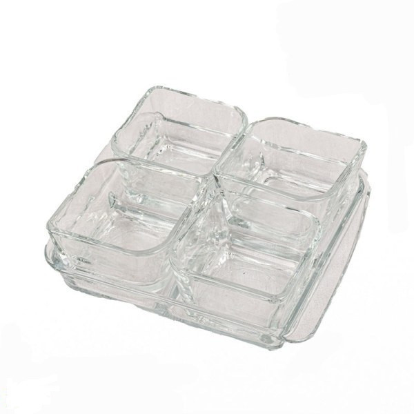 ست اردوخوری بلور کاوه مدل باروک مجموعه 5 عددی کریستال بلور مربع با سینی، ابعاد 14×14×5 سانتیمتر، مناسب سرو عسل و پنیر و نمک، شستشو با دست