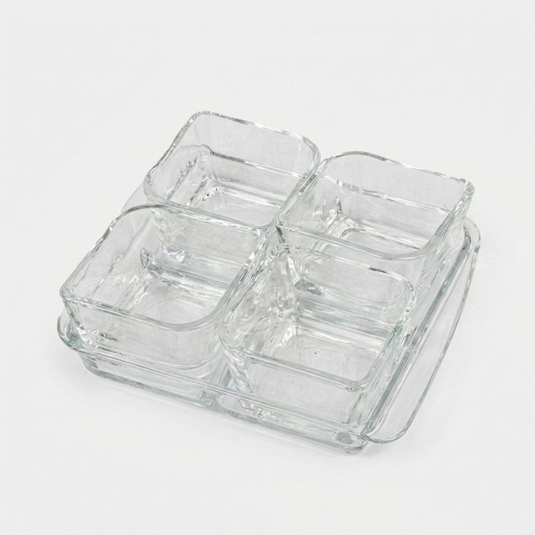 ست اردوخوری بلور کاوه مدل باروک مجموعه 5 عددی کریستال بلور مربع با سینی، ابعاد 14×14×5 سانتیمتر، مناسب سرو عسل و پنیر و نمک، شستشو با دست