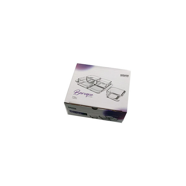 ست اردوخوری بلور کاوه مدل باروک مجموعه 5 عددی کریستال بلور مربع با سینی، ابعاد 14×14×5 سانتیمتر، مناسب سرو عسل و پنیر و نمک، شستشو با دست