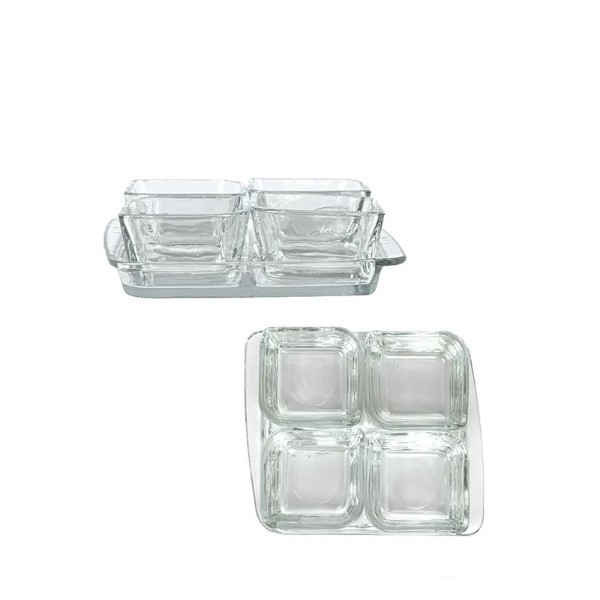 ست اردوخوری بلور کاوه مدل باروک مجموعه 5 عددی کریستال بلور مربع با سینی، ابعاد 14×14×5 سانتیمتر، مناسب سرو عسل و پنیر و نمک، شستشو با دست