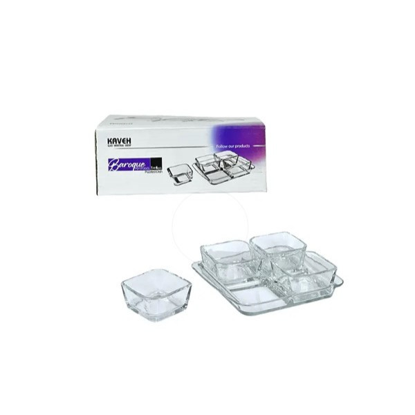 ست اردوخوری بلور کاوه مدل باروک مجموعه 5 عددی کریستال بلور مربع با سینی، ابعاد 14×14×5 سانتیمتر، مناسب سرو عسل و پنیر و نمک، شستشو با دست