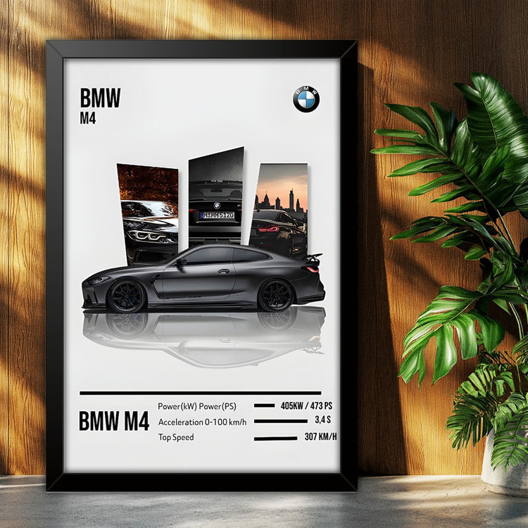 تابلو بکلیت طرح ماشین و خودرو بی ام و BMW M4 مدل B-po1881 فریم مشکی