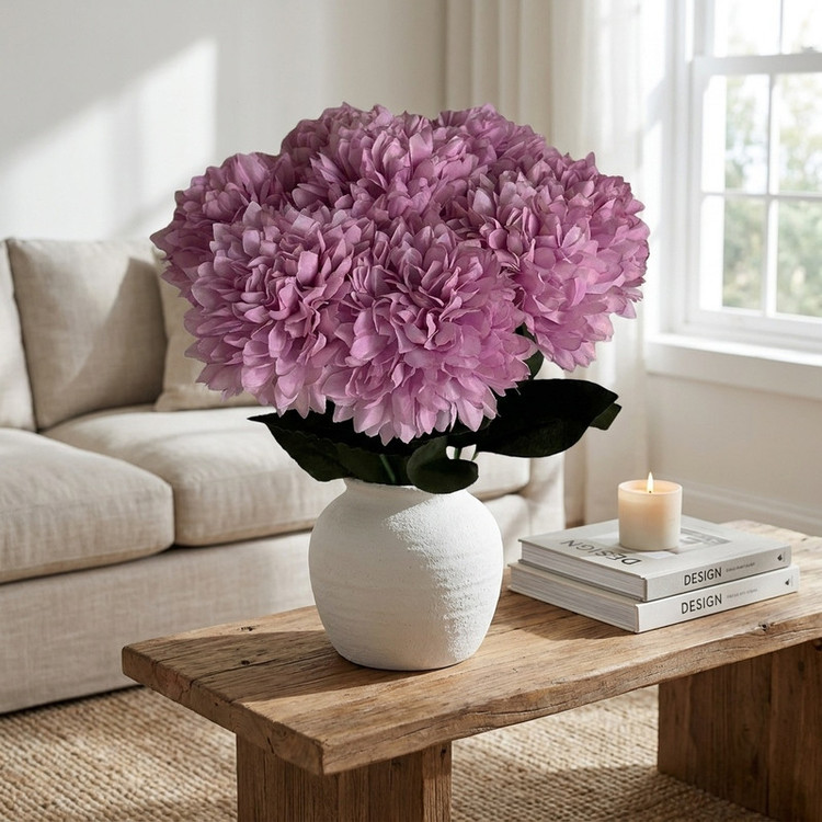 دسته گل مصنوعی گل داوودی شامل 8 شاخه، ارتفاع هر شاخه 44 cm، قطر گل 12 cm، جنس پارچهای و قابل شستشو