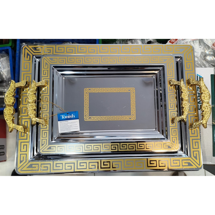 سینی دسته دار تونیش مدل مجلسی کد ۱۳۰۱ طرح Versace سایز ۳۰*۴۳ سانتی متر مجموعه دو عددی