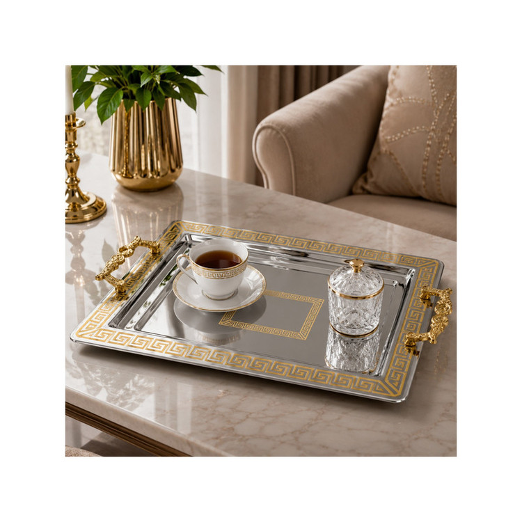 سینی دسته دار تونیش مدل مجلسی کد ۱۳۰۱ طرح Versace سایز ۳۰*۴۳ سانتی متر مجموعه دو عددی