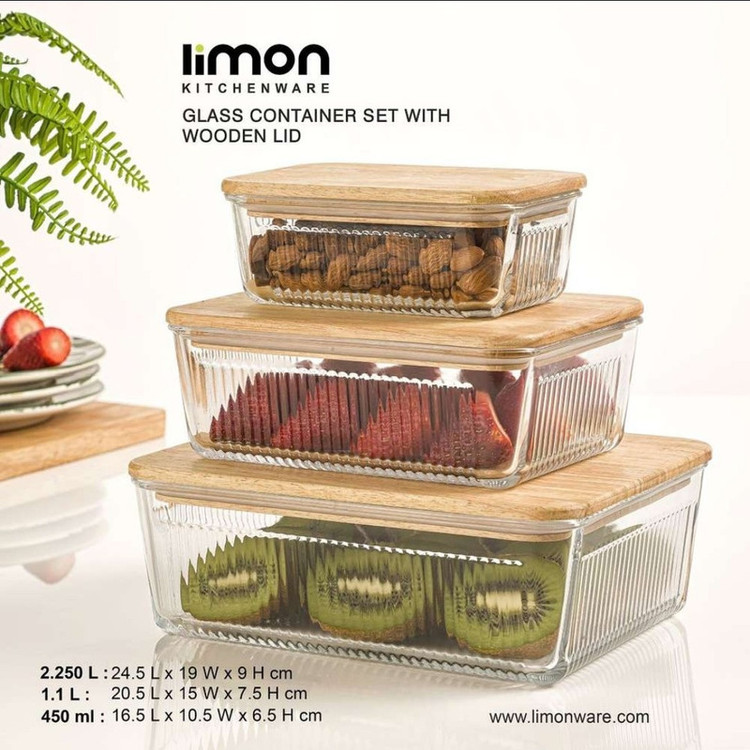 ظرف نگهدارنده لیمون مدل درب چوبی کد HS2211 مجموعه 3 عددی