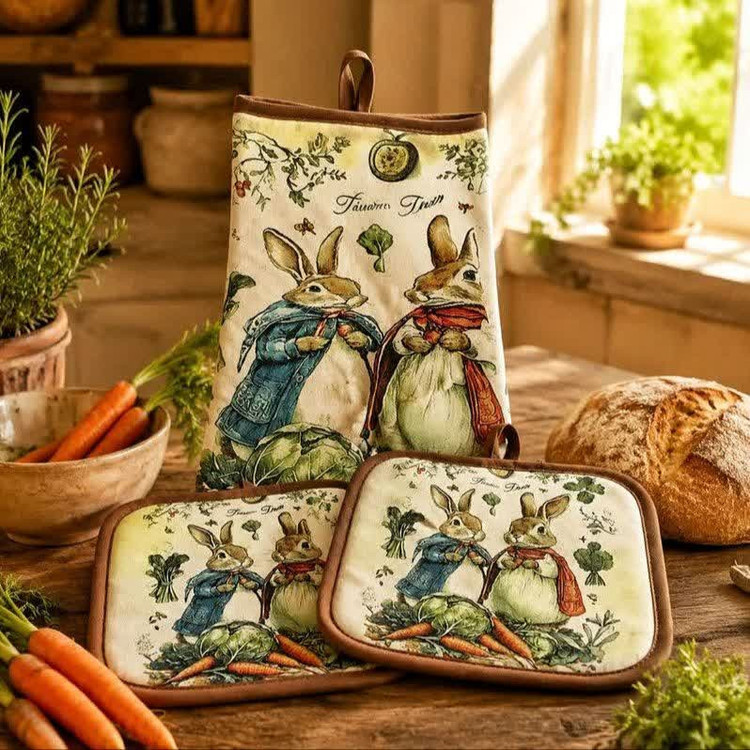 دستگیره مدل تابه پارچهای مربع خانم و آقای خرگوش کد 50526 به همراه حوله آشپزخانه مجموعه سه عددی