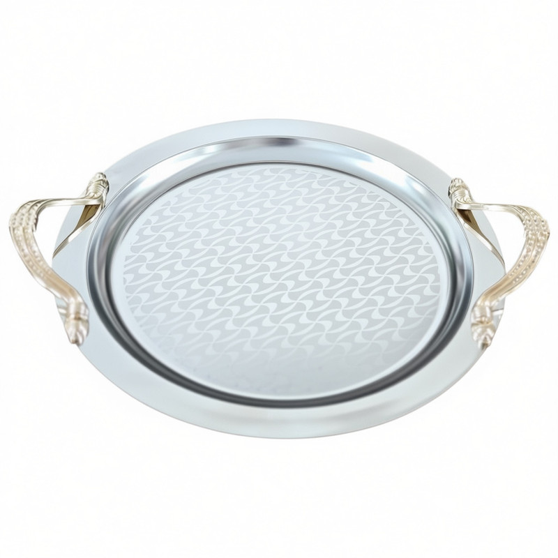 سینی استیل دسته‌دار مدل اوریو گرد طرح‌دار کد G220 سایز 45*45 سانتی متر