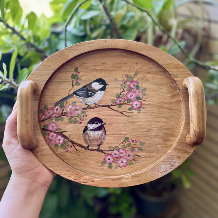 سینی دسته دار مدل چوبی نقاشی پرنده کد 22 سایز 27*21 سانتی متر