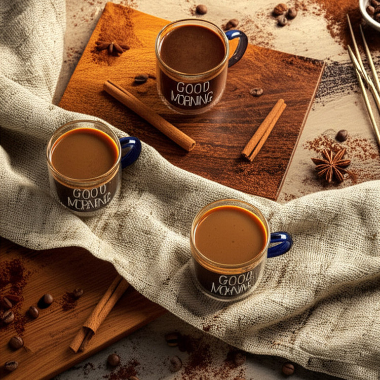 فنجان مدل شات قهوه پیرکس دسته رنگی طرح GOOD MORNING